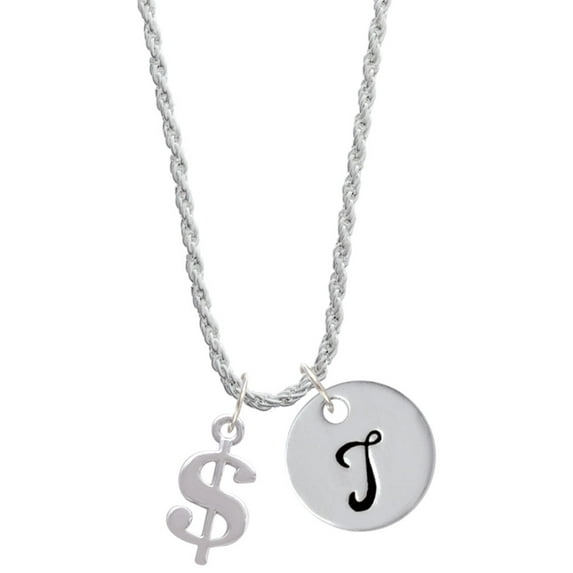 Delight Jewelry Silvertone Rounded Dollar Sign Silvertone Script Initial Disc - T - Charm Necklace, 20"+3"