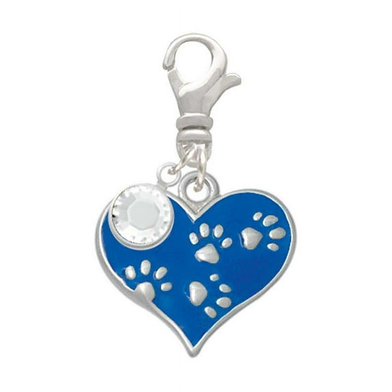Delight Jewelry Silvertone Royal Blue Enamel Heart with Paw Prints - Silvertone Clip on Charm with Clear Crystal Drop