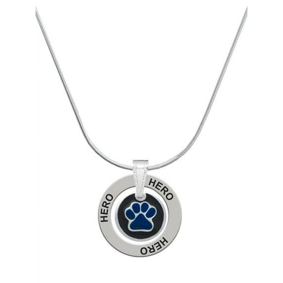 Delight Jewelry Silvertone Royal Blue Paw on Black Disc Hero Ring Charm Necklace, 18"