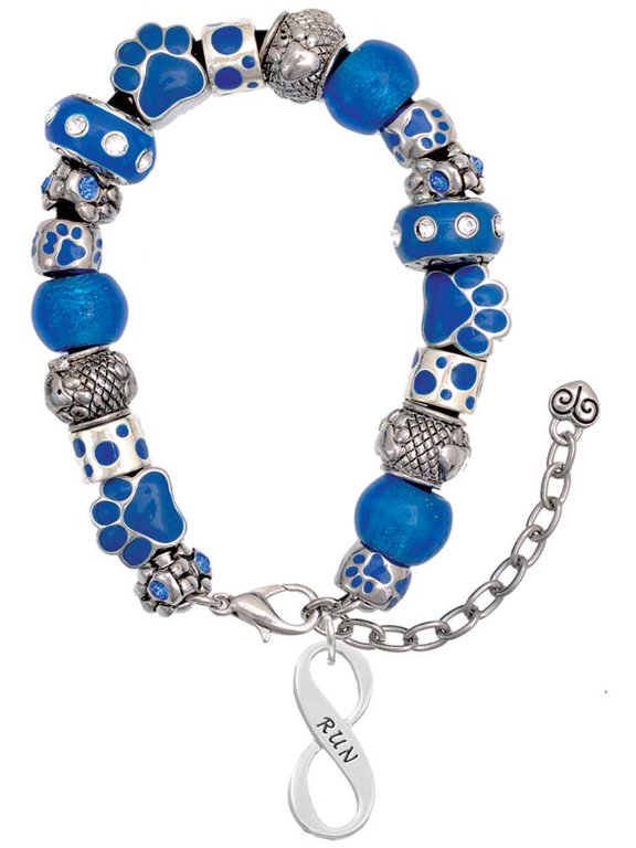 Silvertone Run Infinity Sign Blue Paw Print Bead Bracelet, 7"+2"