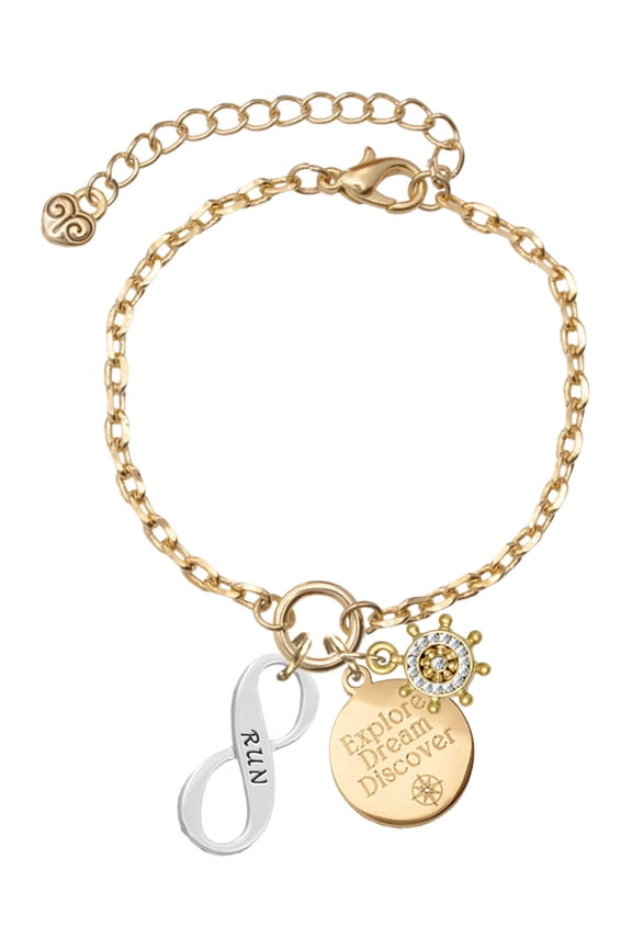 Silvertone Run Infinity Sign Goldtone Discover Dream Explore Zoey Charm Bracelet, 6.5+2" Extender