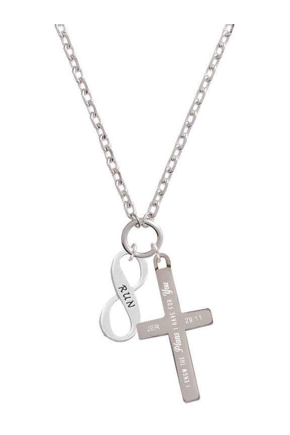 Silvertone Run Infinity Sign I Have Plans for You Engraved Cross Zoey Necklace, 28"
