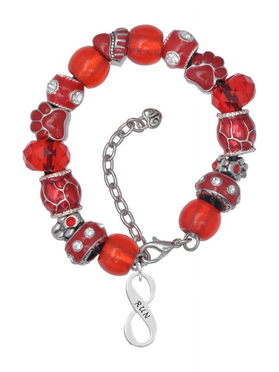 Silvertone Run Infinity Sign Red Paw Print Bead Bracelet, 7"+2"