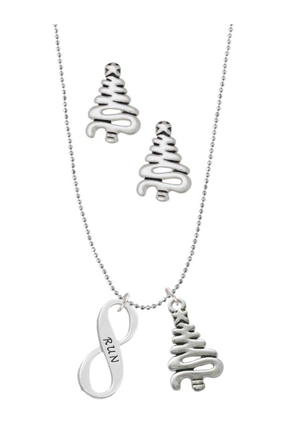 Silvertone Run Infinity Sign Silver tone Zig Zag Christmas Tree Charm Necklace and Stud Earrings