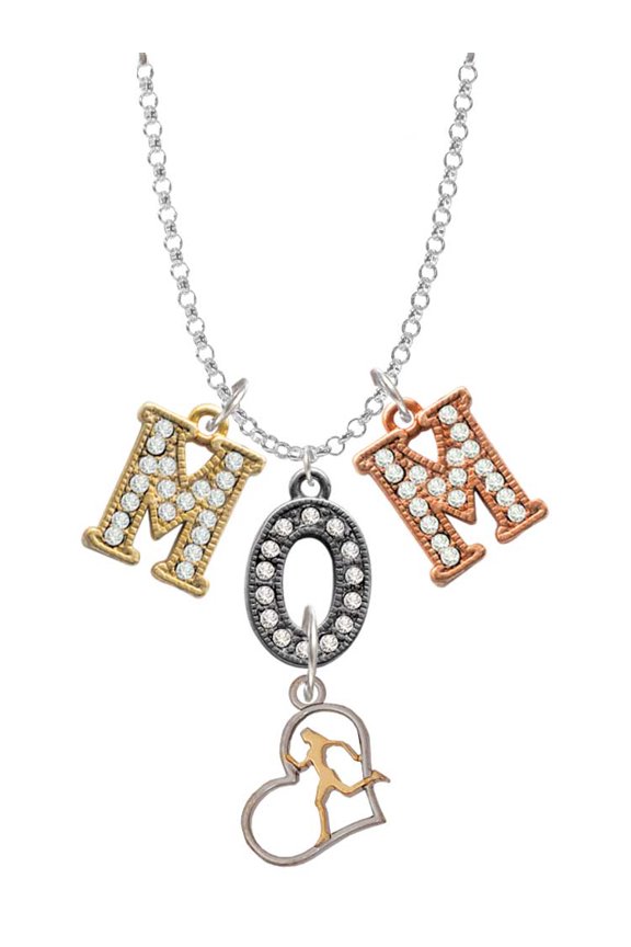 Silvertone Runner Silhouette in Heart Multi-Colored Crystal Mom Charm Necklace