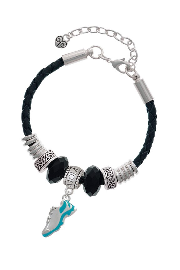 Silvertone Running Shoe Teal Mom Celtic Knot Leather Bead Bracelet, 7"+2" Extender