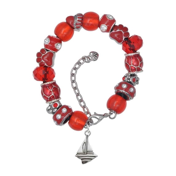Delight Jewelry Silvertone Sailboat Red Paw Print Bead Bracelet, 7"+2"