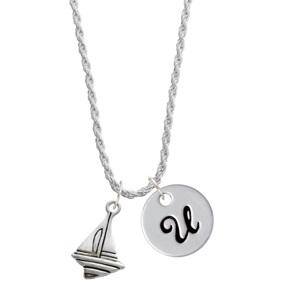 Delight Jewelry Silvertone Sailboat Silvertone Script Initial Disc - U - Charm Necklace, 20"+3"