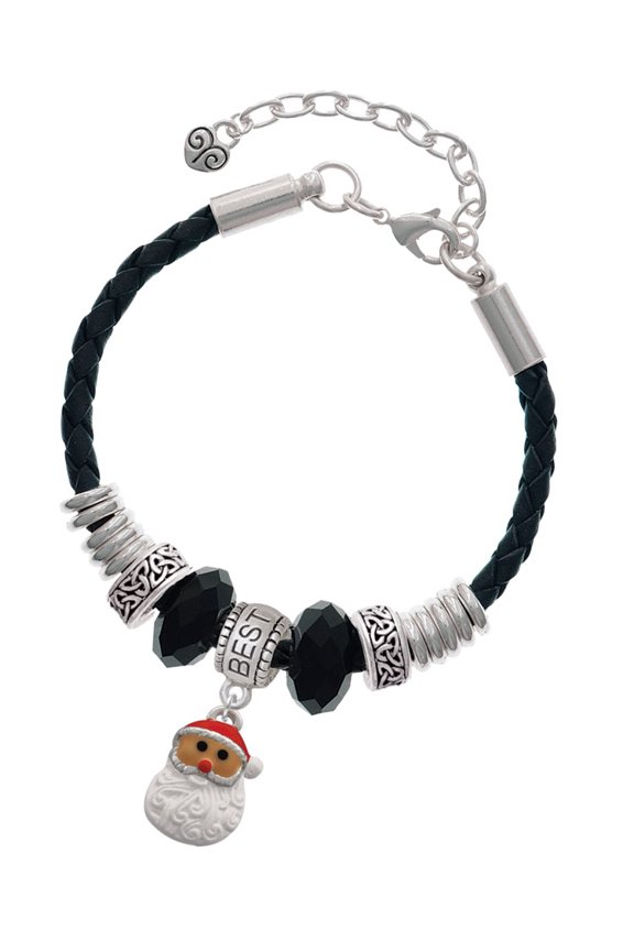 Silvertone Santa Face with Curly Beard Best Friend Celtic Knot Leather Bead Bracelet, 7"+2" Extender
