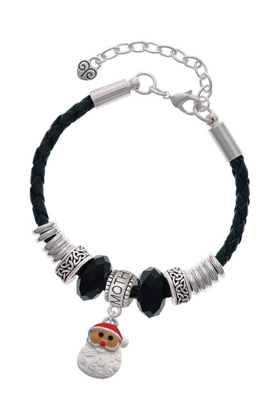 Silvertone Santa Face with Curly Beard Mother Celtic Knot Leather Bead Bracelet, 7"+2" Extender