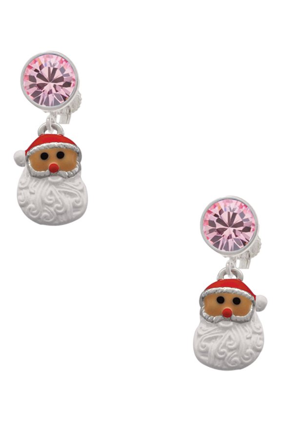 Silvertone Santa Face with Curly Beard Pink Crystal Clip on Earrings