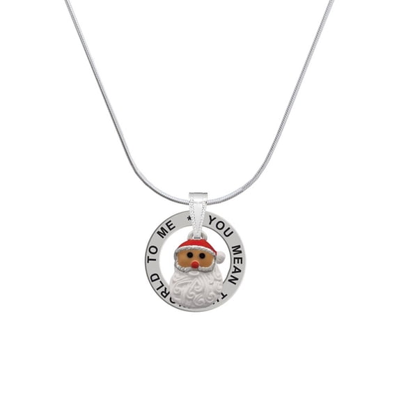 Delight Jewelry Silvertone Santa Face with Curly Beard Silver-tone You Mean the World to Me Ring Necklace, 18"
