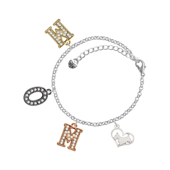 Delight Jewelry Silvertone Scottie Dog Silhouette Heart Multi-Colored Crystal Mom Charm Bracelet