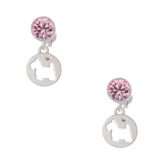 Delight Jewelry Silvertone Scottie Dog Silhouette Pink Crystal Clip on Earrings