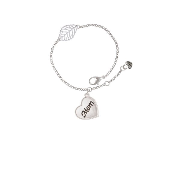 Delight Jewelry Silvertone Script Mom Heart - Silvertone Leaf Delicate Bracelet, 6.25+1.75"