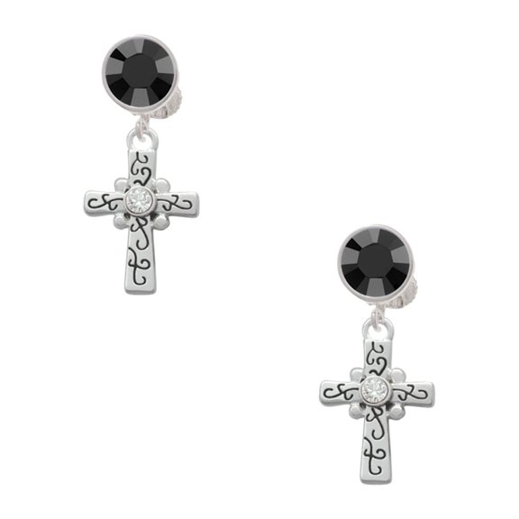 Delight Jewelry Silvertone Scroll Cross with Clear Crystal Black Crystal Clip on Earrings