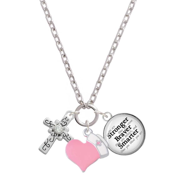 Delight Jewelry Silvertone Scroll Cross with Clear Crystal - Light Pink Heart Nurse Strong Zoe Necklace