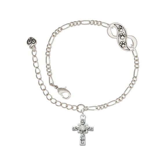 Delight Jewelry Silvertone Scroll Cross with Clear Crystal Silver-tone Paw Infinity Link Chain Bracelet, 6"+2" Extender