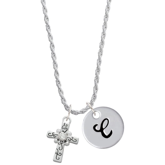 Delight Jewelry Silvertone Scroll Cross with Clear Crystal Silvertone Script Initial Disc - C - Charm Necklace, 20"+3"