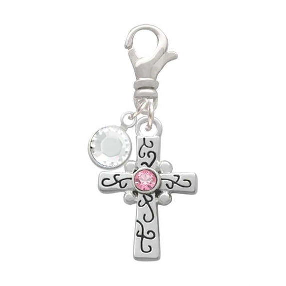 Delight Jewelry Silvertone Scroll Cross with Pink Crystal - Silvertone Clip on Charm with Clear Crystal Drop