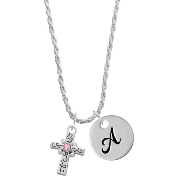 Delight Jewelry Silvertone Scroll Cross with Pink Crystal Silvertone Script Initial Disc - A - Charm Necklace, 20"+3"