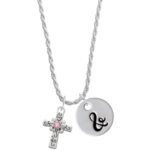 Delight Jewelry Silvertone Scroll Cross with Pink Crystal Silvertone Script Initial Disc - & - Charm Necklace, 20"+3"