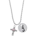 thumbnail image 1 of Delight Jewelry Silvertone Scroll Cross with Pink Crystal Silvertone Script Initial Disc - J - Charm Necklace, 20"+3", 1 of 4