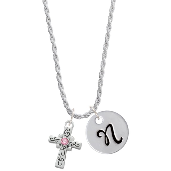 Delight Jewelry Silvertone Scroll Cross with Pink Crystal Silvertone Script Initial Disc - N - Charm Necklace, 20"+3"