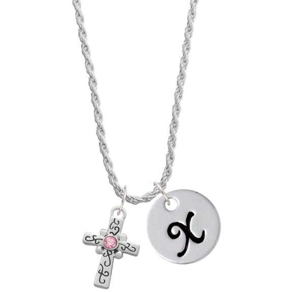 Delight Jewelry Silvertone Scroll Cross with Pink Crystal Silvertone Script Initial Disc - X - Charm Necklace, 20"+3"