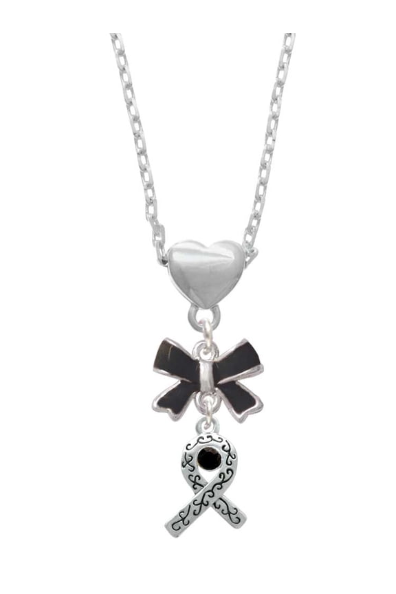 Silvertone Scroll Ribbon with Black Crystal Black Bow Heart Necklace