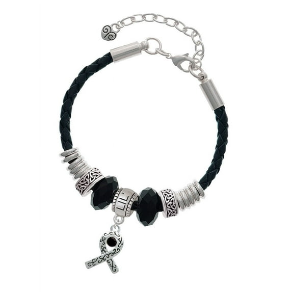 Delight Jewelry Silvertone Scroll Ribbon with Black Crystal Lil Sister Celtic Knot Leather Bead Bracelet, 7"+2" Extender
