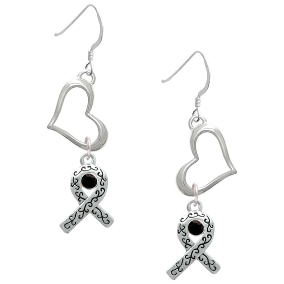 Delight Jewelry Silvertone Scroll Ribbon with Black Crystal Open Heart French Earrings