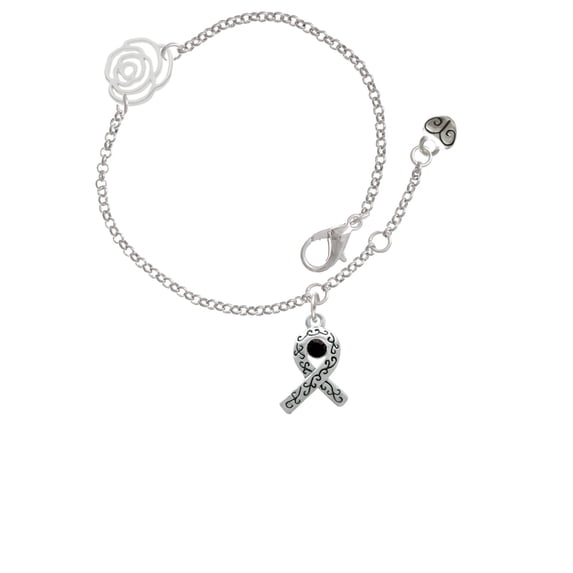 Delight Jewelry Silvertone Scroll Ribbon with Black Crystal Silver-tone Rose Link Chain Bracelet, 6.25"+1.75" Extender