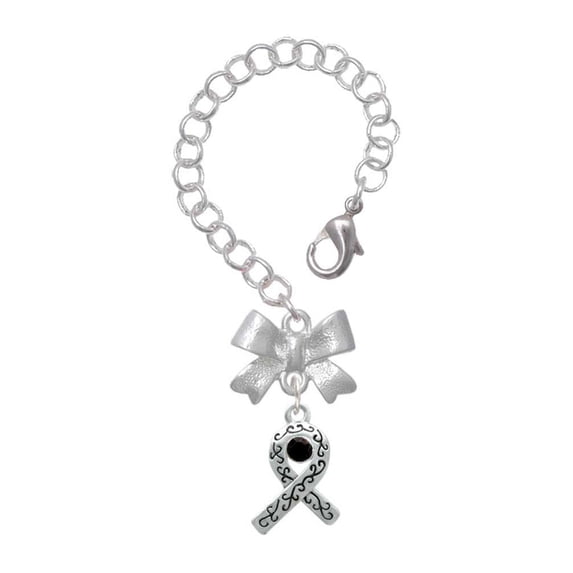 Delight Jewelry Silvertone Scroll Ribbon with Black Crystal - Silvertone Bow Charm Accessory for Tumblers and Thermal Cups