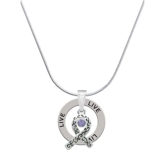 Delight Jewelry Silvertone Scroll Ribbon with Lavender Crystal Live Ring Charm Necklace, 18"