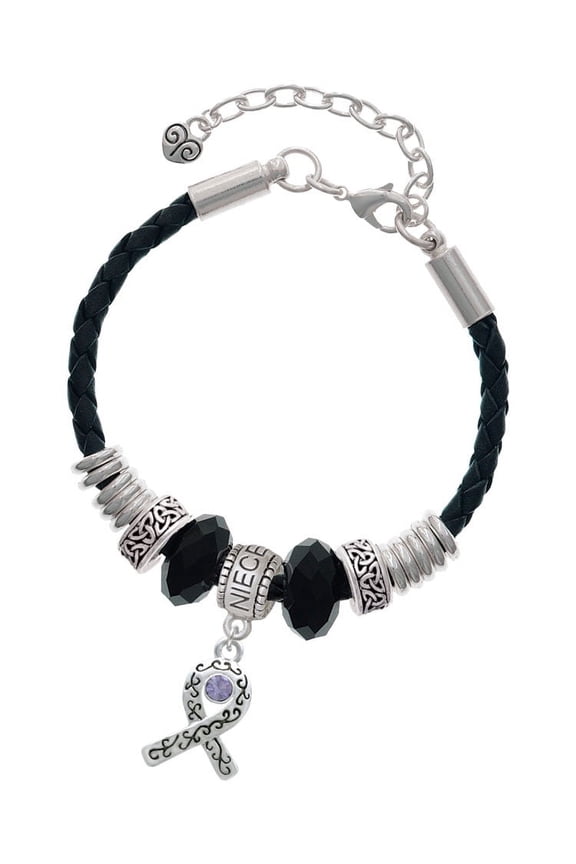 Silvertone Scroll Ribbon with Lavender Crystal Niece Celtic Knot Leather Bead Bracelet, 7"+2" Extender
