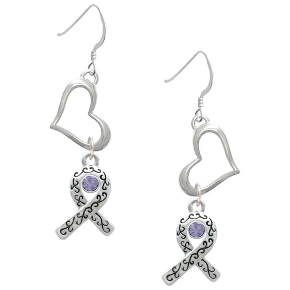 Delight Jewelry Silvertone Scroll Ribbon with Lavender Crystal Open Heart French Earrings