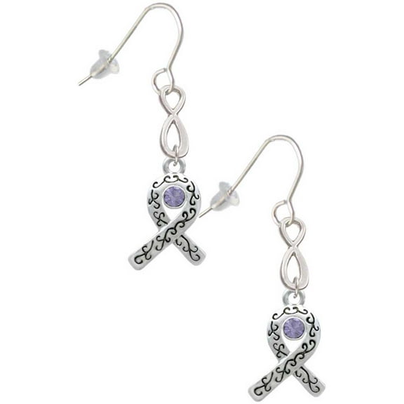 Delight Jewelry Silvertone Scroll Ribbon with Lavender Crystal Silver tone Infinity French Earrings