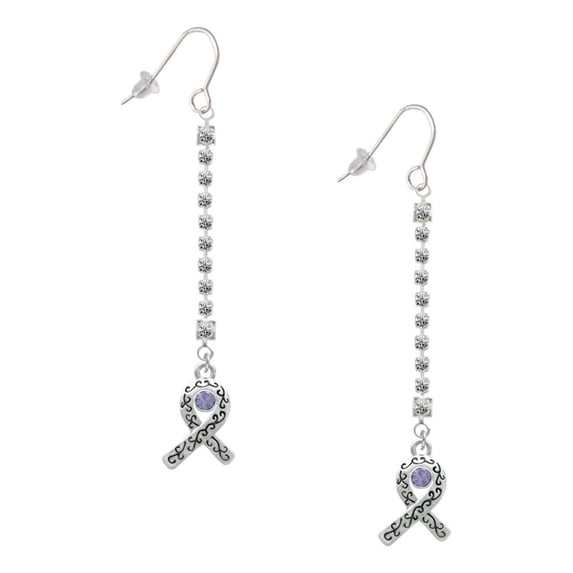 Delight Jewelry Silvertone Scroll Ribbon with Lavender Crystal - Silver-tone Long Sparkle Dangle French Earrings