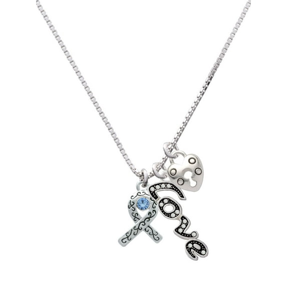 Delight Jewelry Silvertone Scroll Ribbon with Light Blue Crystal - Love and Lock Charm Necklace, 18"+1"