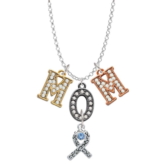 Delight Jewelry Silvertone Scroll Ribbon with Light Blue Crystal Multi-Colored Crystal Mom Charm Necklace