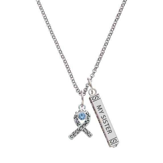 Delight Jewelry Silvertone Scroll Ribbon with Light Blue Crystal Silvertone Always My Sister Bar Charm Necklace, 23"