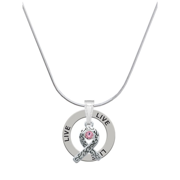 Delight Jewelry Silvertone Scroll Ribbon with Pink Crystal Live Ring Charm Necklace, 18"