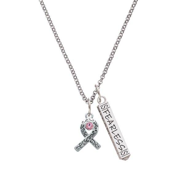 Delight Jewelry Silvertone Scroll Ribbon with Pink Crystal Silvertone Fearless Bar Charm Necklace, 23"