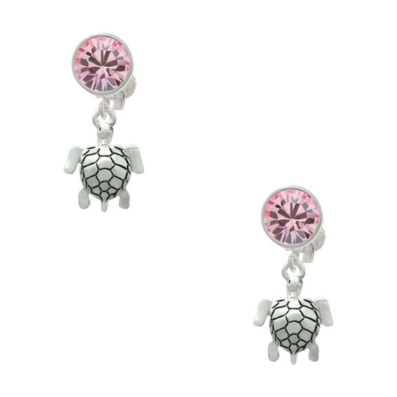 Delight Jewelry Silvertone Sea Turtle Pink Crystal Clip on Earrings