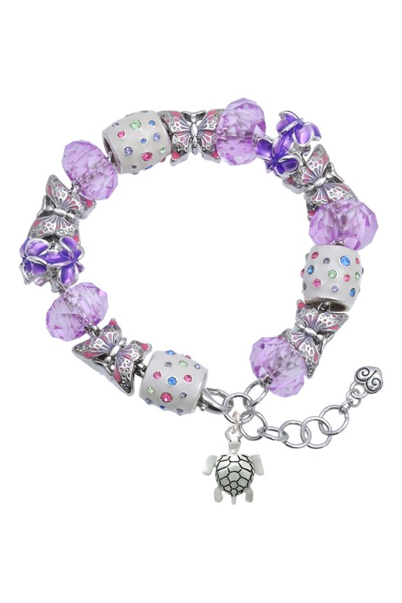 Silvertone Sea Turtle Purple Butterfly Bead Charm Bracelet, 7"+1" Extender