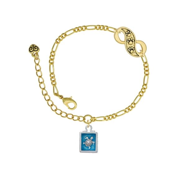 Delight Jewelry Silvertone Sea Turtle in Shadow Box Gold-tone Paw Infinity Link Chain Bracelet, 6"+2" Extender