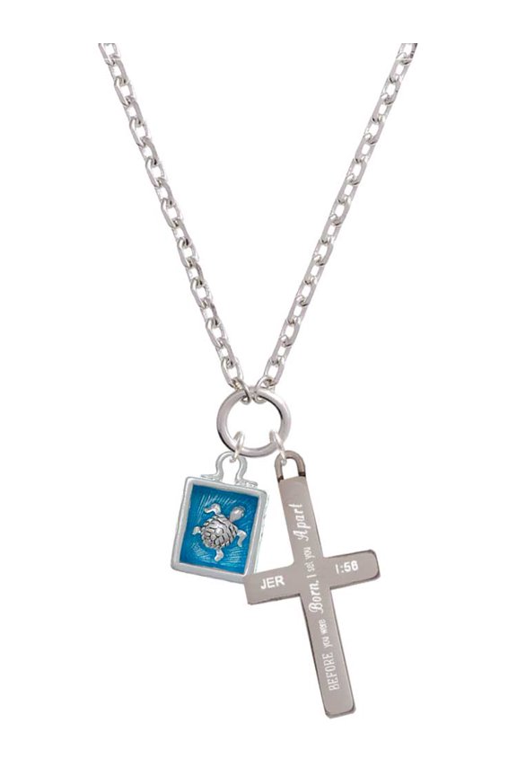 Silvertone Sea Turtle in Shadow Box I Set You Apart Engraved Cross Zoey Necklace, 28"