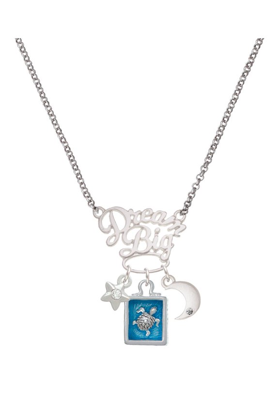 Silvertone Sea Turtle in Shadow Box Silvertone Dream Big Pendant Necklace, 25"