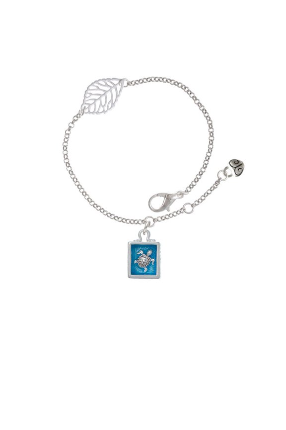 Silvertone Sea Turtle in Shadow Box - Silvertone Leaf Delicate Bracelet, 6.25+1.75"